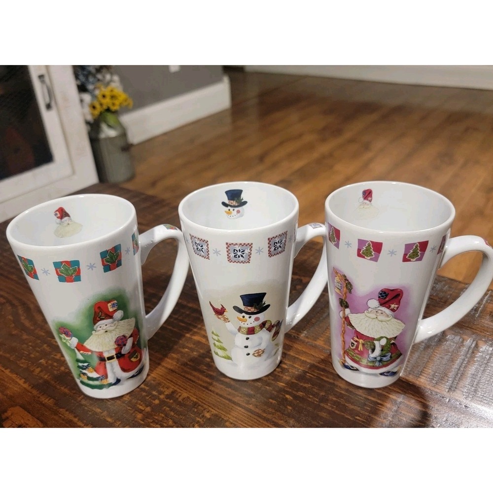 Set Of 3 Vintage Christmas Holiday Mugs 16oz Santa Snowman Redbird Saint Nick